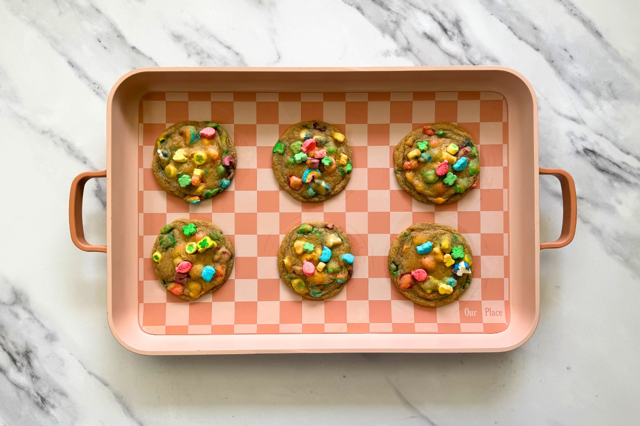 Lucky marshmallow cookies on a baking sheet