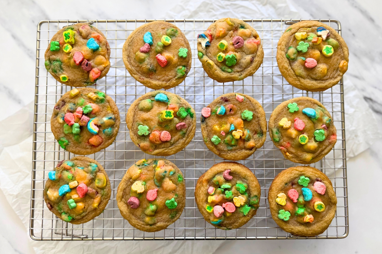 Lucky marshmallow cookies on a cooling rack