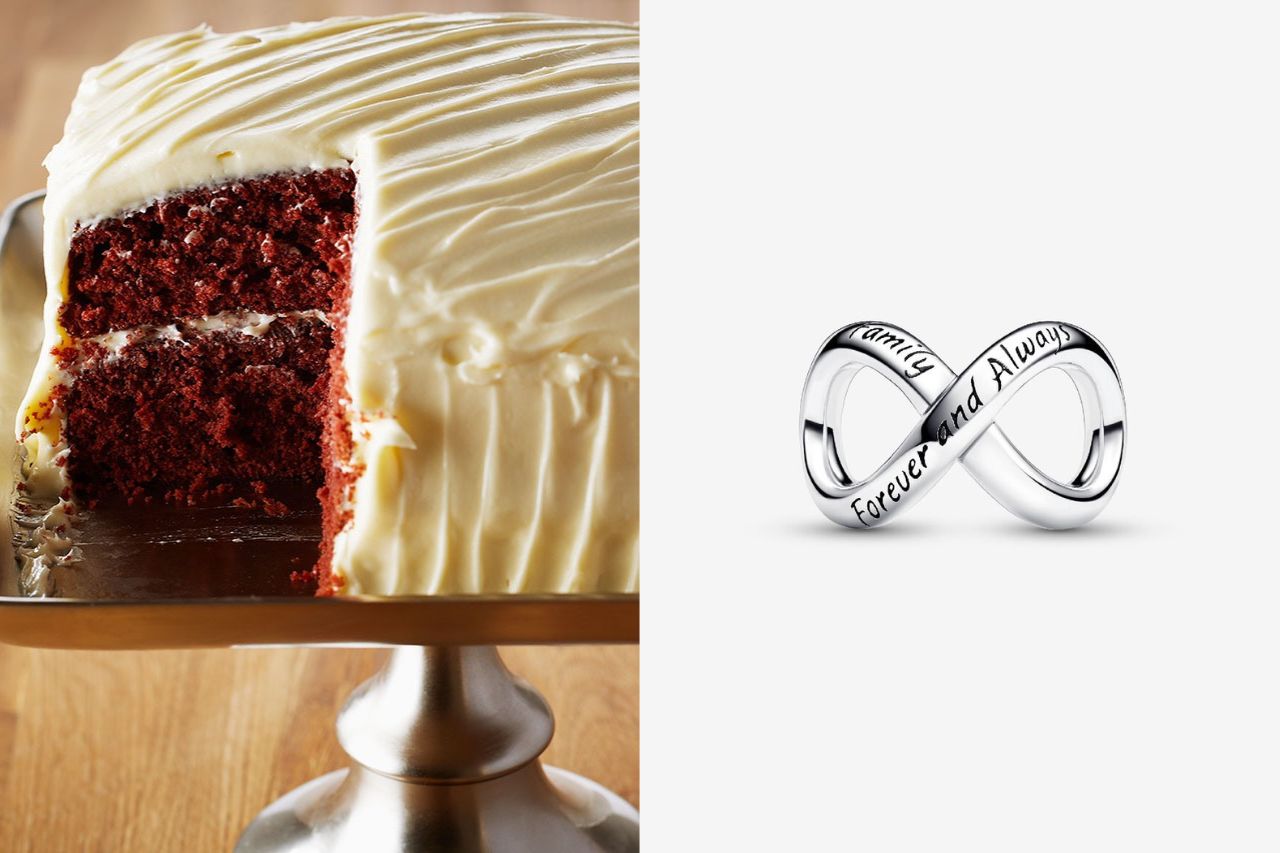 red velvet cake and infinity charm