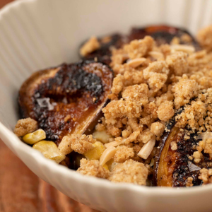 Sweet Corn Cream With Almond Crumble and Caramelized Fruit