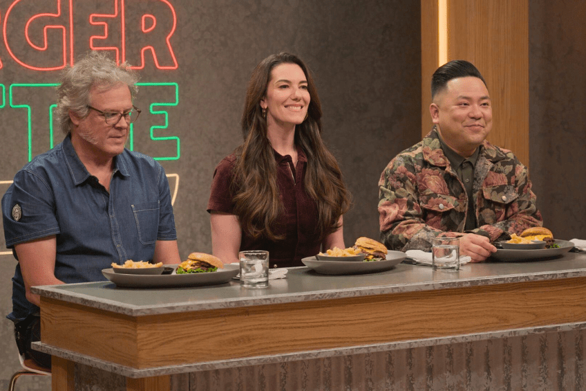 George Motz, Connie DeSousa and Andrew Phung on the set of Big Burger Battle.