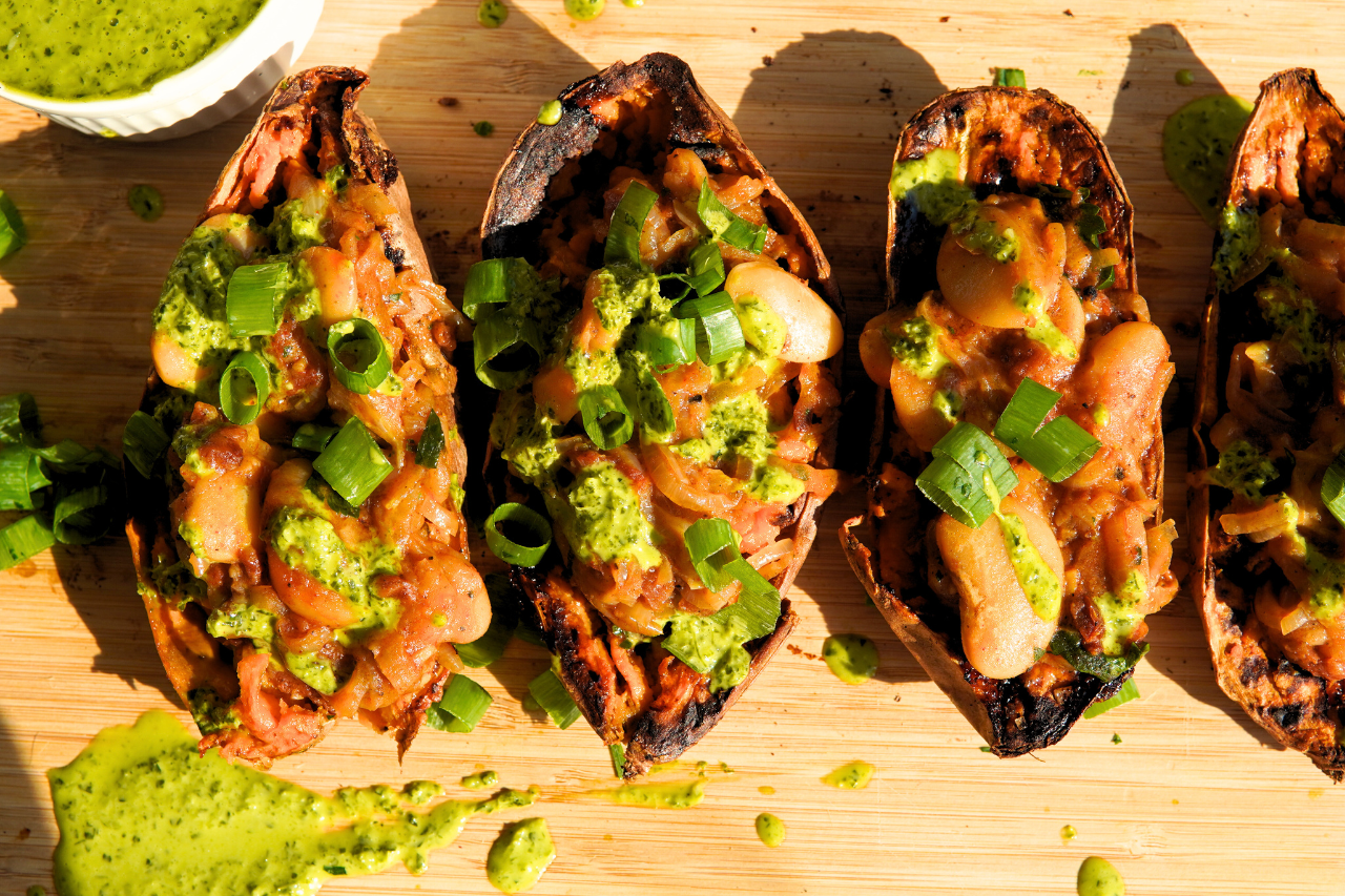 Roasted Onion and Butter Bean Stuffed Sweet Potato