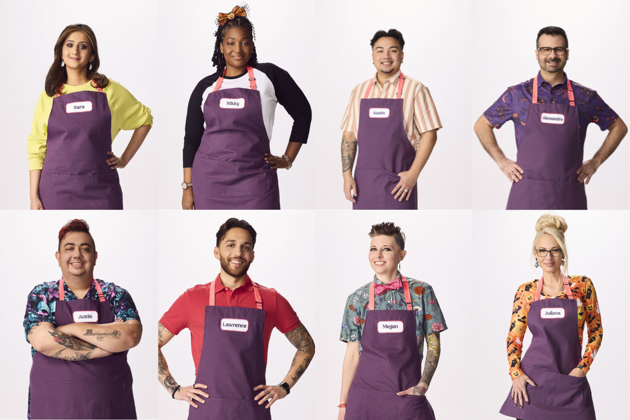 8 Halloween Bakeshop contestants in purple aprons