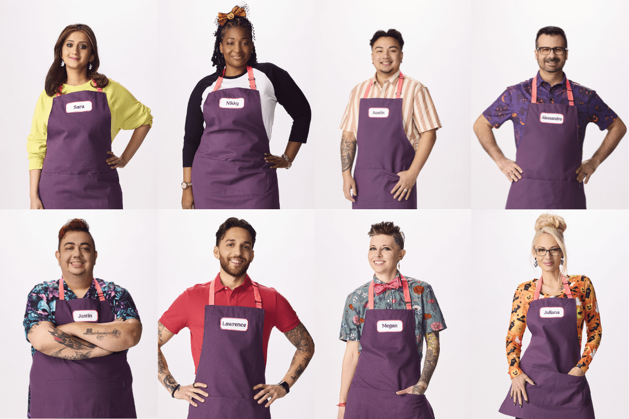 8 Halloween Bakeshop contestants in purple aprons